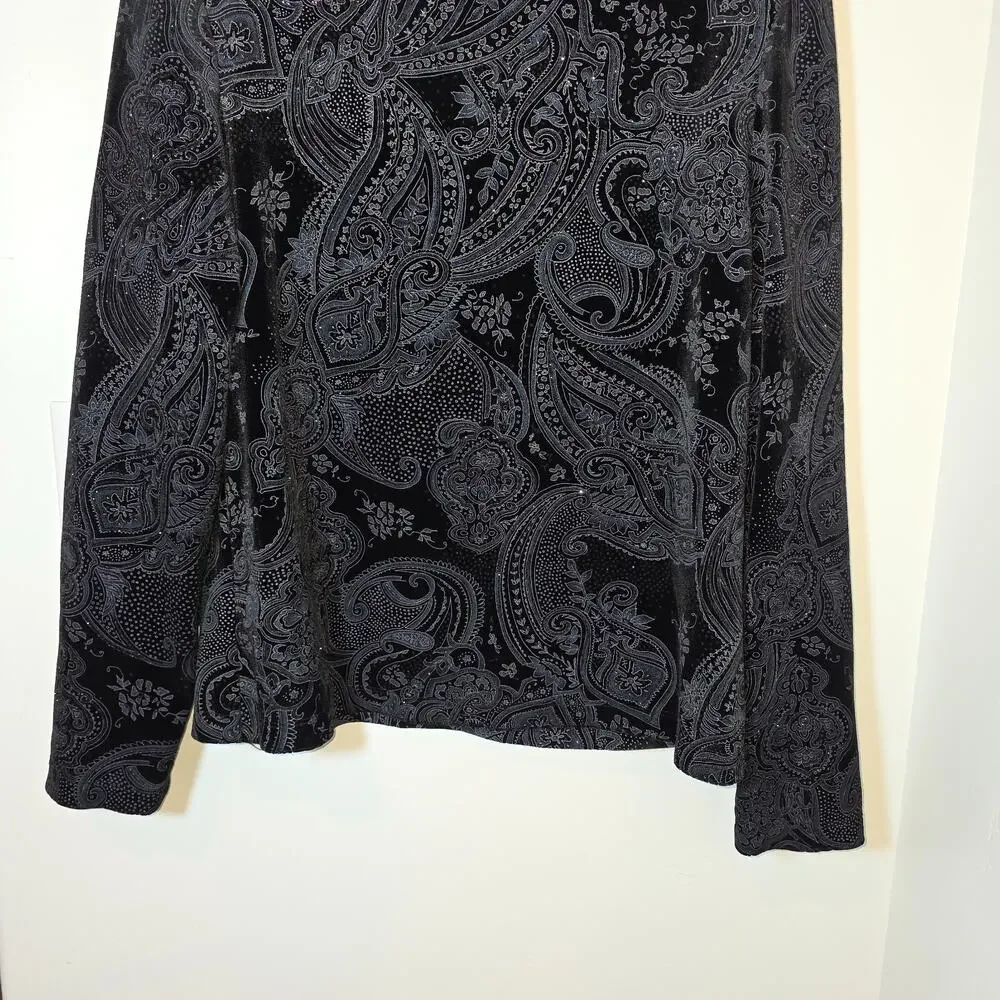 White Stag Black Paisley Velvet Long Sleeve Stretch Top Party Shimmer Size L
